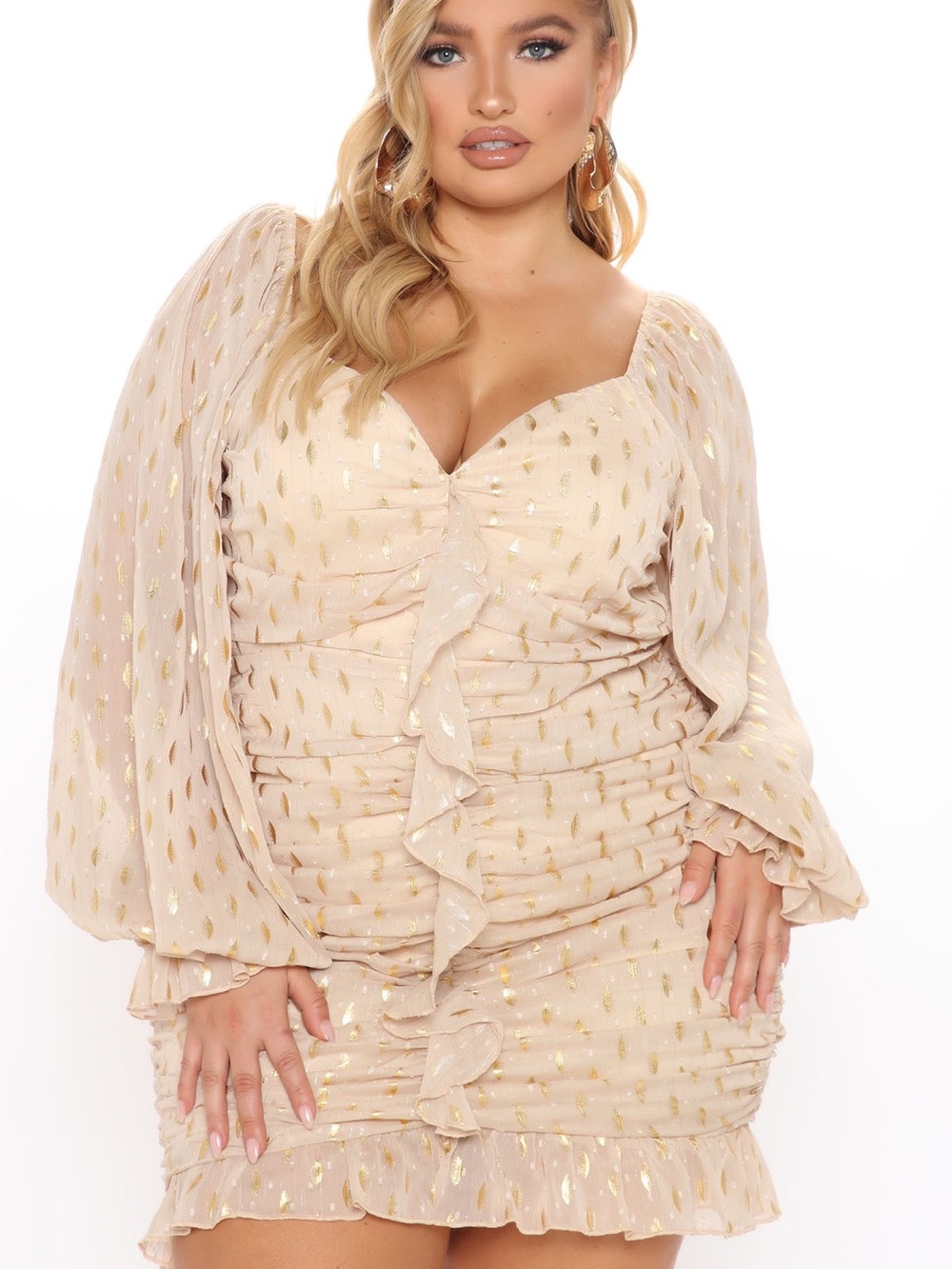 Fashion Nova Gold and Cream Ruched Long Sleeve Dress